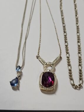 Silver Tone Necklace with Deep Purple Gemstone Pendant